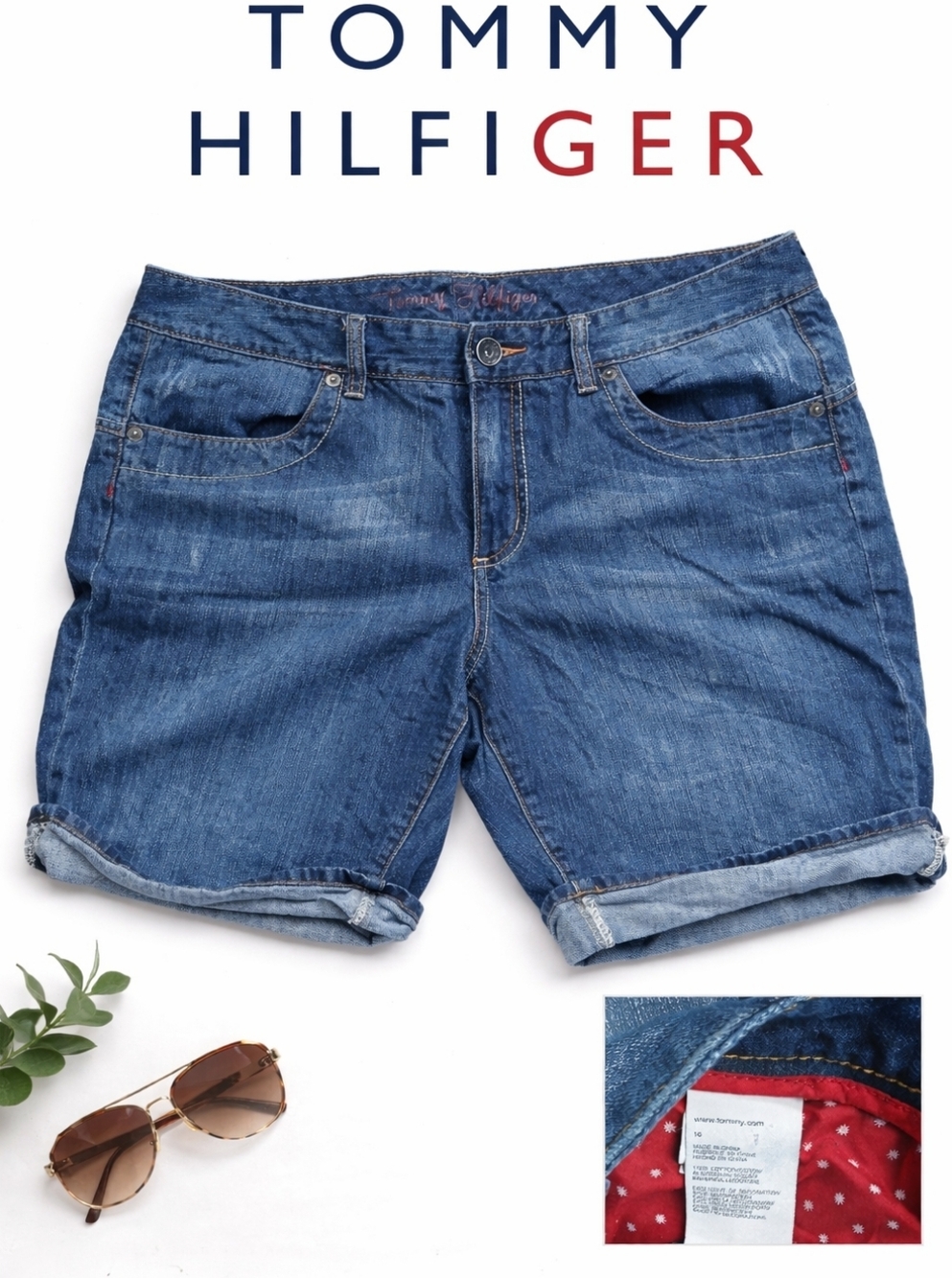 Tommy Hilfiger Denim Shorts Women’s Size 16 Blue Cuffed Jean Shorts Mid Rise